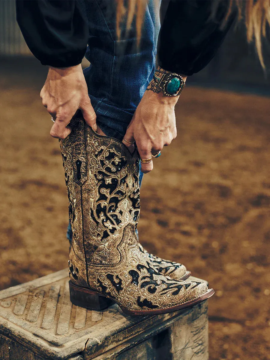 A3648 - Women's Black Glitter Inlay Floral Overlay with Crystals and Studs Square Toe Boot