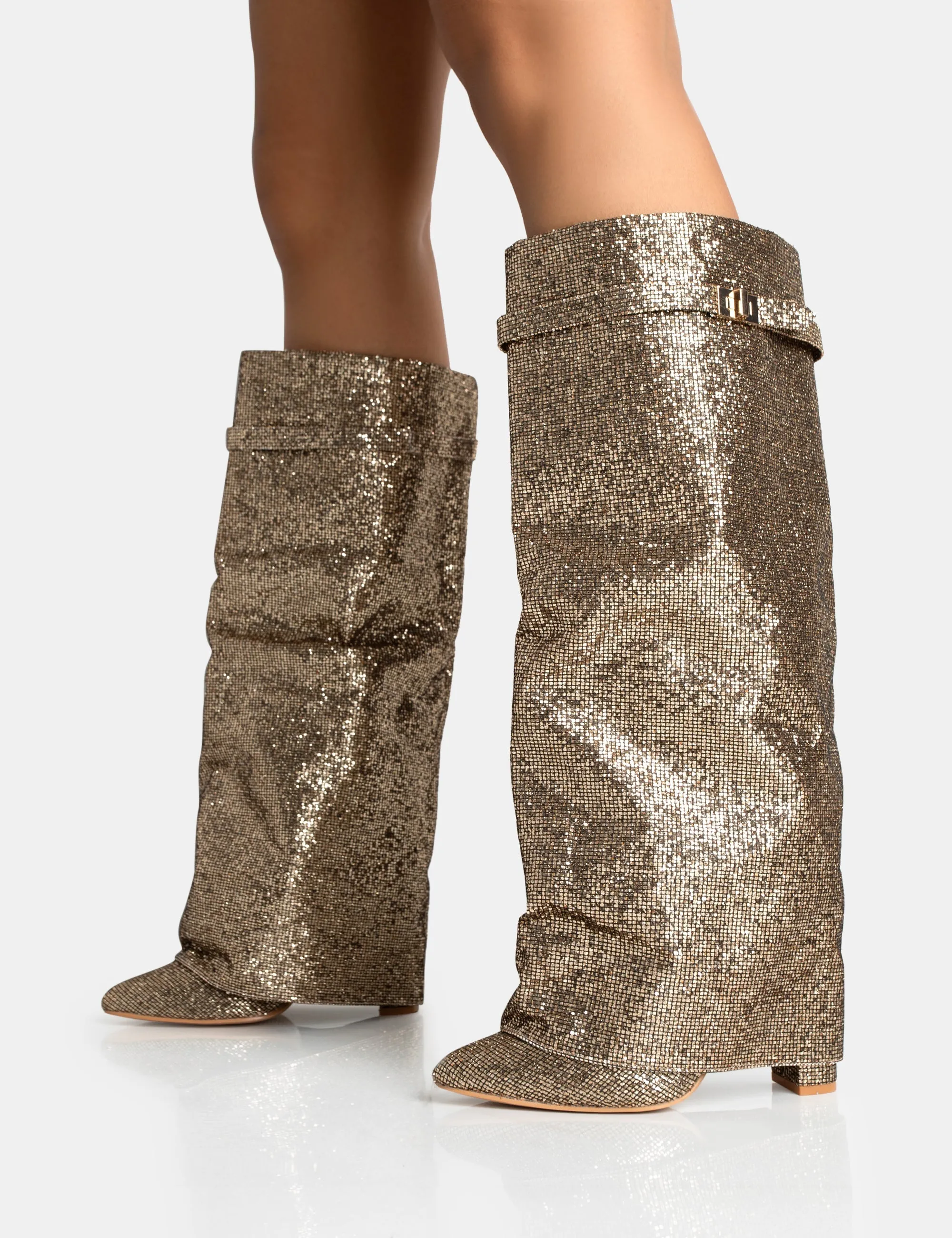 Echo Gold Glitter Twist Lock Detail Fold Over Pointed Toe Knee High Boots