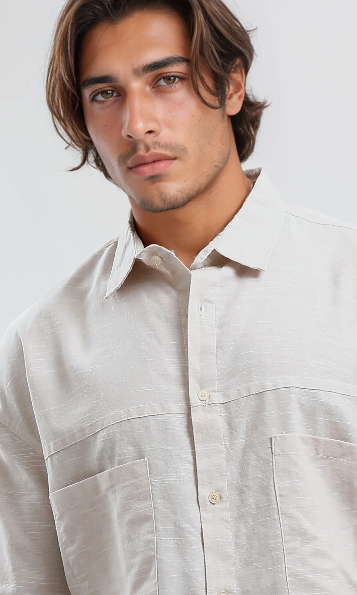 O191803 Elbow Sleeves Summer Shirt With Front Pockets - Heather Beige