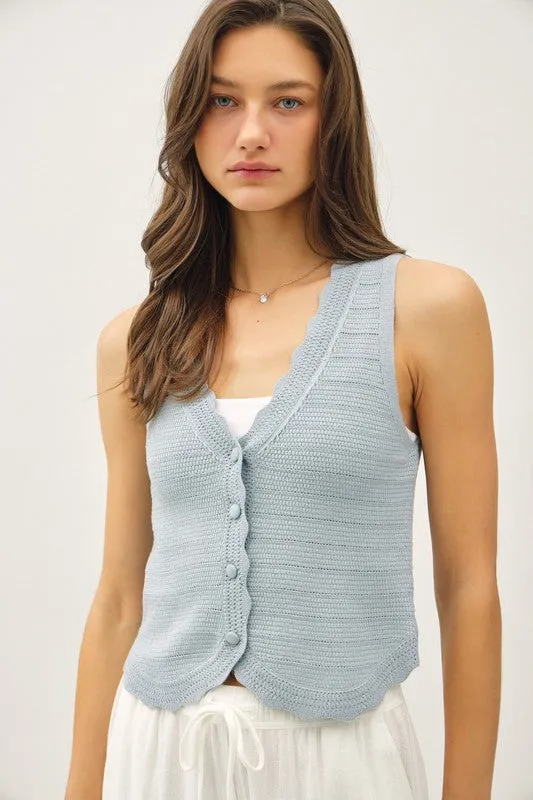 Sabrina Sleeveless Button Down Crochet Knit Sweater Top Blue