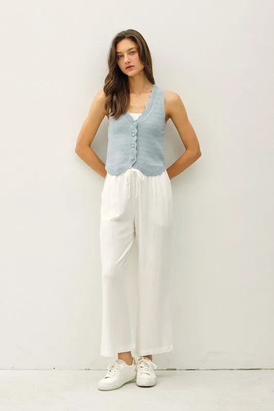 Sabrina Sleeveless Button Down Crochet Knit Sweater Top Blue