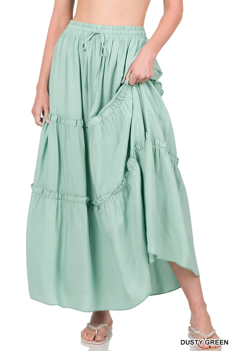 Women Boho Elastic Drawstring Waist Tiered Ruffle A-Line Woven Maxi Skirt