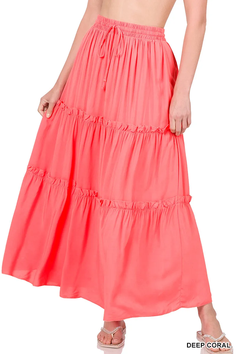 Women Boho Elastic Drawstring Waist Tiered Ruffle A-Line Woven Maxi Skirt